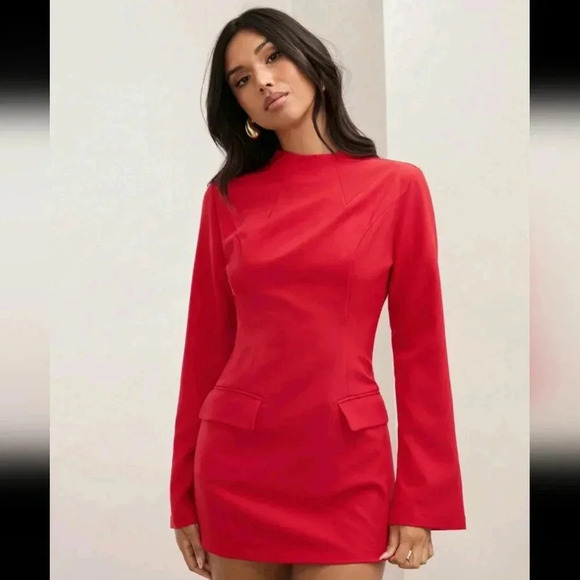 Women's Spring & Summer Solid Color Stand Collar Flare Sleeve Short Mini Dress - Picture 4 of 5